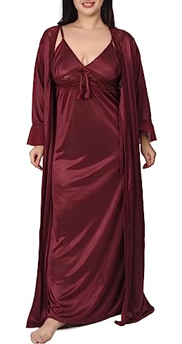Image of Women's Satin Solid Maxi Nighty Full Sleeve 1 Nighty, 1 Wrap Gown Night Dress Ladies