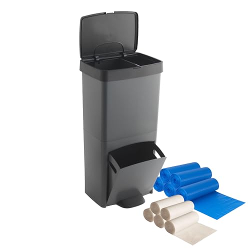 Pack Cubo de basura reciclaje residuos 70L, VERTICAL 2 Compartimentos 76 cm. INCLUYE 150 bolsas de basura adaptadas 5 rollos 30L + 5 rollos 10L