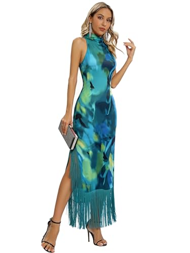 Image of Aigeman Women Vintage Flapper Dresses 1920s Great Gatsby Halter Fringed Maxi Dress Tassels High Split Formal Dress 19