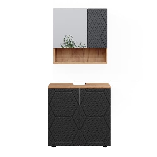 Vicco Badmöbel-Set Anthrazit gestreift Irma, bestehend aus Badspiegelschrank, Waschbeckenunterschrank - Versteckter Stauraum hinter eleganten Türen