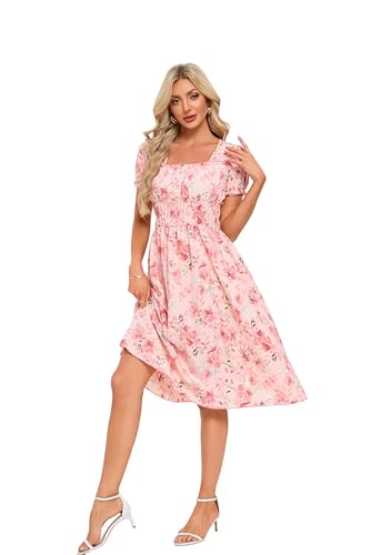 Image of Women's 2026 Summer Boho Floral Midi Dress Casual Square Neck Puff Sleeve A Line Dresses with Pockets
