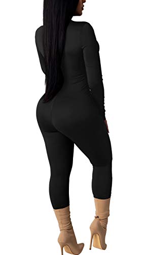 GOBLES Women's Sexy Long Sleeve Front Zipper Mock Neck Bodycon Jumpsuit Rompers Black
