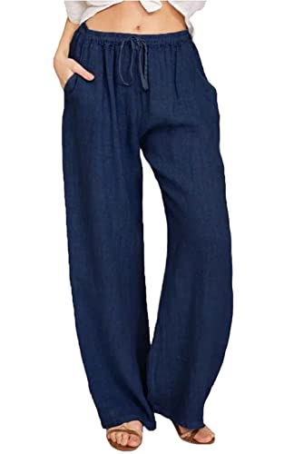 Yutdeng Pantalones de Lino Mujer Verano Pantalon Ancho Algodón Cintura Alta Elástica con Cordón Casual Pantalón Largos para Mujer con Bolsillos Moda Pantalones Yoga Pierna Ancha,Azul Marino,XL