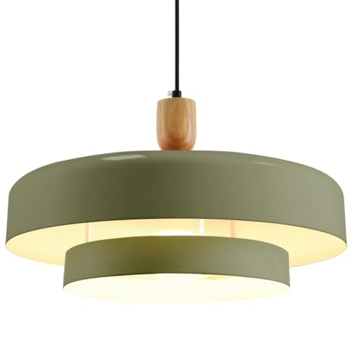 Image of Olive Green Pendant Light, Wood Accent Adjustable Hanging Lamp