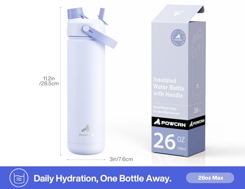 Image of POWCAN 26 oz Insulated Water Bottle with 2-in-1 Straw and Spout Lid, Keep Cold 24H, Leak-Proof, Fits in Car Cup Holder, Stainless Steel Water Bottle for Sports, Travel, and School (Lupine)