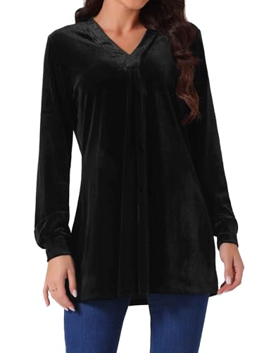 Seta T Women's Velvet Top V Neck Long Sleeves Solid Casual Tunic Blouse Loose T-Shirt Black XL