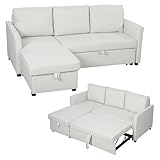 HOMCOM Divano Letto 3 Posti con Chaise Longue Convertibile, Divano Angolare Estraibile con Penisola, Vano Portaoggetti e 3 Cuscini Sfoderabili, in Tessuto Effetto Lino, Soggiorno, 192x148x86cm, Crema