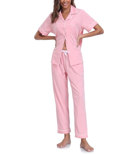 Image of CF Womens 100% Cotton Pajamas Set Button Down Pjs Sets Short Sleeve Top & Long Pants Sleepwear Comfy Loungewear with Pockets