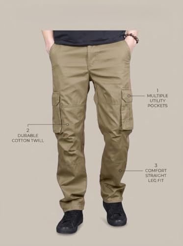 Image of DBAX Men's Olive Green Utility Cargo Pants | Multi Pocket Relaxed Fit Cargo Trousers | Durable Casual Streetwear Pants for Men