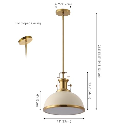 Image of JONATHAN Y Homer Industrial Dome Pendant 13 inch, Almond /Brass Gold | 1-Light, Farmhouse Style, Adjustable Hanging Height, Glass Diffuser, Sloped Ceiling Compatible, Metal, LED Bulb Included