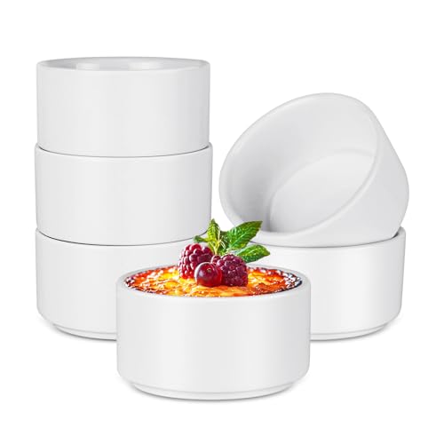 Porcelain Ramekins Set of 6,100ml White Ceramic Creme Brulee Ramekins,Souffle Dish Small Oven Dish for Air Fryer Ramekin Dishes for Souffle,Cupcakes,Pudding and Ice Cream