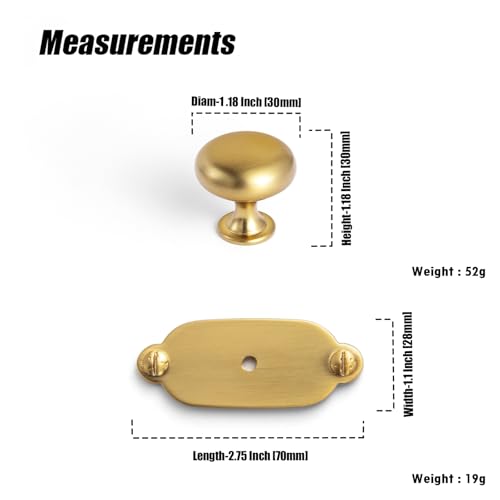 Image of Goo-Ki Brushed Gold Zinc Alloy Cabinet Knob with Backplate - Single Hole Center Cabinet Pull Hardware for Bedroom, Kitchen, 12 Pack(8611-G013)