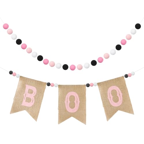 Thinkday 2 Pcs Pre Strung Happy Pink Halloween Banners Rustic Burlap Boo Banners with Felt Ball Pom Pom Garland Black, Pink, Rose Red, White for Halloween Decorations Fireplace Mantle Walls Decor