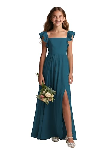 MCieloLuna Girl's Summer Boho Dress Cap Sleeve Flower Girl Dresses Square Neck Junior Bridesmaid Maxi Gown with Slit
