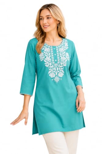 Image of LIBOZA Kurti for Women - Short Chikankari Kurtis for Girls, Lakhnawi Tunic Top Kurta Design for Ladies, Woman Ethnic Kurthis & Shirt with Sleeve