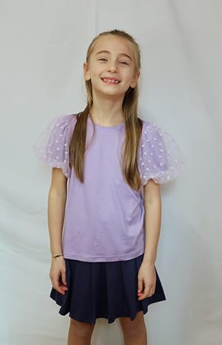 Image of Arshiner Girls Shirts Mesh Puff Short Sleeves Blouse Crewneck Cute Print Summer Kids Tee Tops