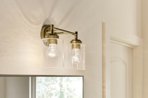 Image of Kichler Winslow 13 inch 2-Light Bathroom Vanity Light Fixture with Clear Seeded Glass in Natural Brass for Luxe Industrial Style Over Mirror (13 inch x 9.25 inch x 6.5 inch), 45885NBR