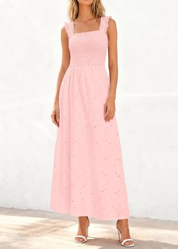 Image of KIRUNDO Summer Lace Dress for Women Eyelet Maxi Sundress | Boho Sleeveless Cotton Flowy Long Dresses, Wedding Guest, Beach Vacation, Baby Shower Guest Dress, Smocked Bust, With Pockets