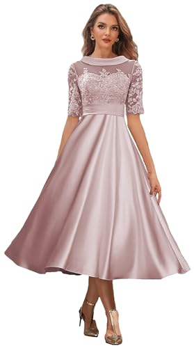 Satin Mother of The Bride Dresses for Wedding Tea Length Evening Gown Corset Lace Formal Dress with Sleeves3