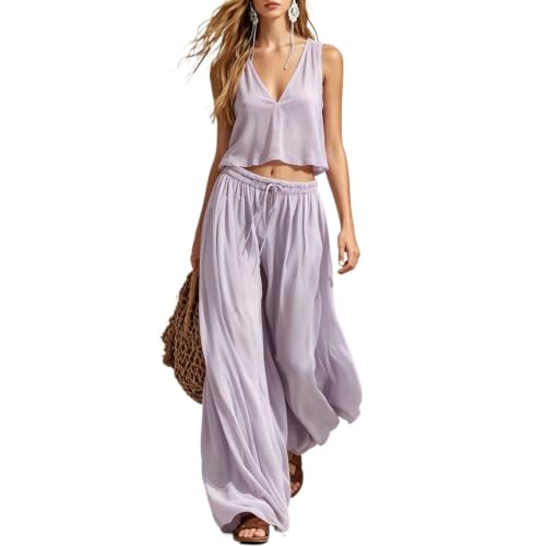 Conjunto de dos piezas para mujer con escote en V sin mangas y cómodos pantalones fluidos
