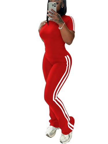 HBQ Women's 2 Piece Sweatsuit Slim Fit Top Flare Legging Pants Casual Tracksuit Lounge Matching Sets-Red-S