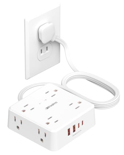 Regleta Extensión Wrxdmc QP860-CU W 5FT con 8 tomas y 4 puertos USB, Protector contra sobretensiones 1400J, Cable plano de 1.52 m, Enchufe plano polarizado tipo A, Montable en pared