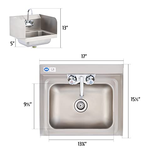 WILPREP Commercial Stainless Steel Sink for Hand Washing, NSF Commercial Utility Sink with Faucet and Side Splash, Wall Mount Kitchen for Restaurant Bar RV Bathroom Laundry Room (17 x 15 Inches)