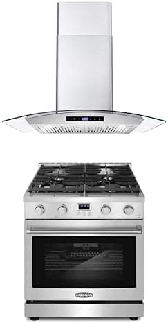 Cosmo 2-Pc Kitchen Appliance Packages, 30" Gas Range w Chrome Plate Racks and 30" Wall Mount Range Hood