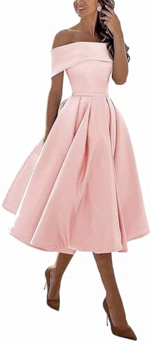 Image of Knee-Length Satin Off Shoulder Homecoming Dress Short Prom Cocktail Party Dress for Junior