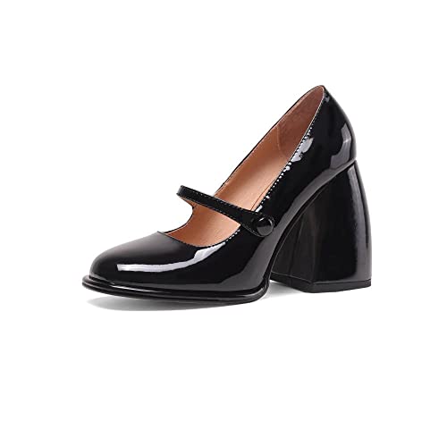 TinaCus Genuine Leather Handmade Patent Leather Square Toe High Block Heel Mary Jane Pumps Shoes