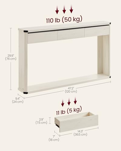VASAGLE Console Table, 47.2 Inches Sofa Table, Narrow Entryway Table, Entry Table with 3 Drawers, Bottom Shelf, Metal Corners, for Living Room, Bedroom, Farmhouse Style, Rustic White ULNT143W73