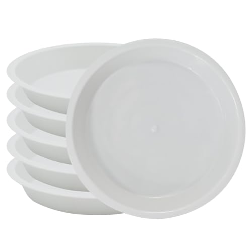 JAKOUE 6pcs White Plastic Plant Saucers (6 inch) - Heavy Duty Indoor Plant Trays for Pots with Water Drainage, Drip Catcher & Decor (Set of 6 Round Saucers)