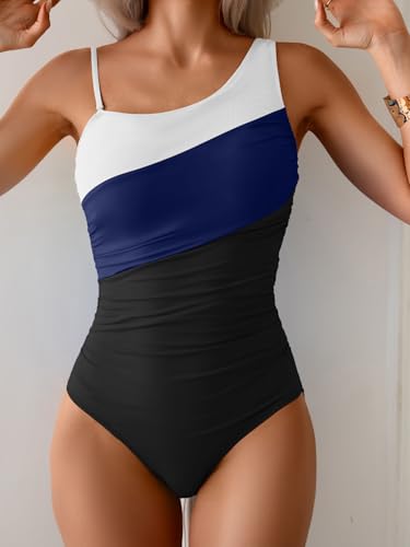 Image of Aidonger One Shoulder One Piece Swimsuit for Women Tummy Control Bathing Suits Color Block Ruched Swim Suit Slimming Swimwear