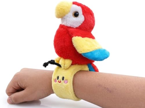 Image of Colorful Macaw Parrot Wrist Plush Toy | Soft Slap Band Bracelet for Kids | Cute Bird Soft Toy for Playing & Gifting - Red & Yellow