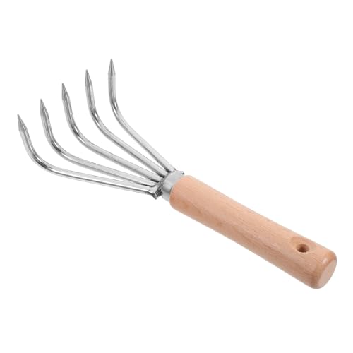 KONTONTY escarificador de Suelo rastrillo de Hojas de jardín rastrillo de Mango Corto pequeño rastrillo de jardín rastrillo de jardinería Garra de Acero Inoxidable de Madera Plata