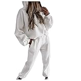 Hemlock Women Solid Color Sweatsuits Long Sleeve Hoodie Sweatshirts Pullovers Long Sweatpants Tracksuit Set White