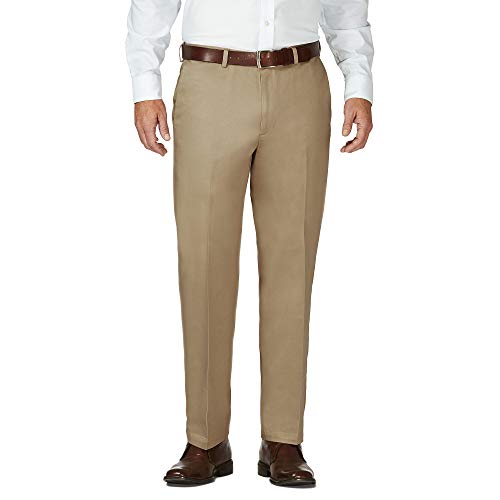 Haggar Men's Work To Weekend Hidden Expandable Waist No Iron Plain Front Pant,British Khaki/Lead Grey,40x30