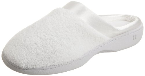 Isotoner Women's Microterry Pillowstep Satin Cuff Clog Slippers, White, 9.5-10 B(M) Us #TOP20