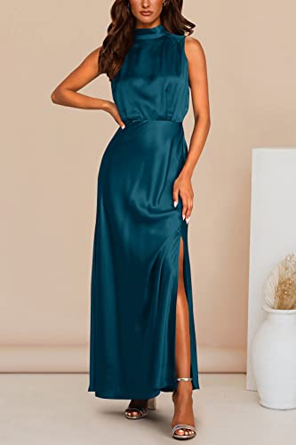 Prettygarden Women's Summer Long Formal Satin Dress Mock Neck Sleeveless Side Slit Flowy Maxi Tank Dresses (Dark Blue,Medium) #TOP3