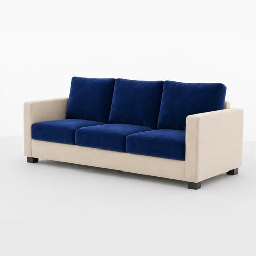 Image of FURNY Haster 3 Seater + 2 Seater Fabric Sofa Set with 1 Ottoman (Dark Blue-Cream) with Velvet Finish | Durable Comfort | Ideal for Living Room