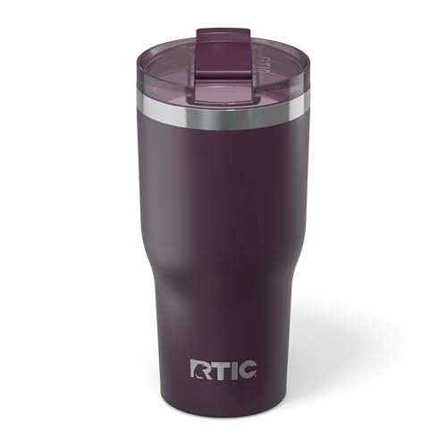 RTIC 30oz Essential Tumbler with Lid, Ceramic Lined, Insulated, Stainless Steel, Metal, Double Wall Vacuum-Insulation, Travel Cup for Iced Coffee, Tea, Hot and Cold Drink, Plum