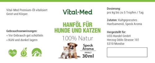 Vital-Med - Extra Starkes und hochdosiertes Hanföl für Hunde & Katzen - 30ML (750 Tropfen) - Premium Vital Hanfsamenöl - 100% Natur - Hanftropfen mit Omega 3-6-9 (Bacon)