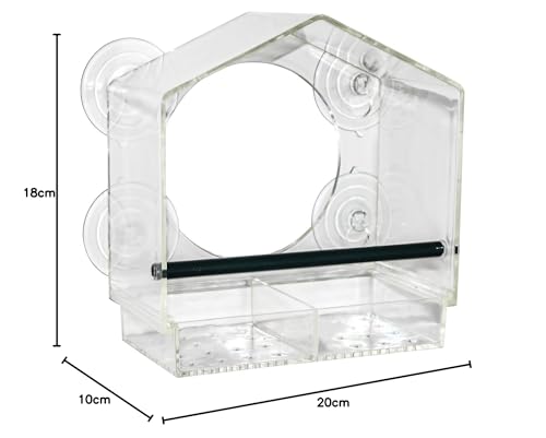 Fenster Futterhäuschen für Vögel - 20 x 18 cm - Transparentes Vogelhäuschen mit Saugnäpfen und Sitzstange - Vogel Futterstation Futterhaus Futterstelle Futterspender zum Befestigen an Glasscheiben