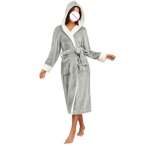 Womens Fleece Robe,Womens Soft Flannel Hooded Long Robes Winter Fashion Plush Fleece Bathrobes With Pockets Warm Cozy After Shower Robe