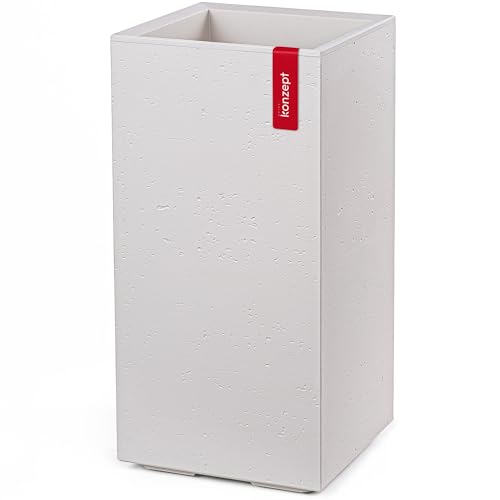 KONZEPT Pflanzkübel groß hoch in Beton-Optik mit Rollen und Drainage, 28,6 x 28,6 x 59,4 cm – für innen & außen, Beige