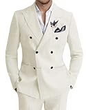 Linen Suit for Men 2 Piece Mens Summer Suit Double Breasted Slim Fit Lightweight for Casual, Beach Wedding Prom&Business,Off White, Large