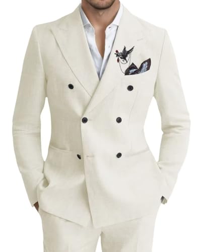 Mens Suits Linen 2 Piece Suit for Men Lightweight Double Breasted Slim Fit Suits Set for Summer Beach Wedding Prom
