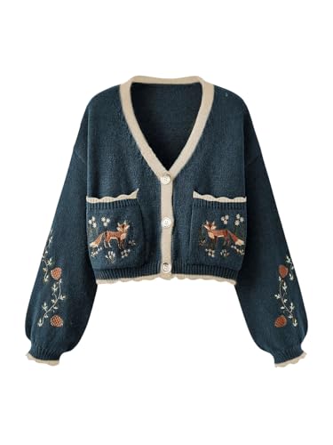 Women's Floral Cropped Cardigan Cottagecore Boho Cardigans Embroidered Open Front Western Sweaters Fall Outwear