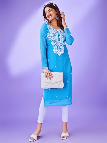 Image of HESVI Women's Georgette White Lakhnavi Chikankari Kurti with Intricate Embroidery Work