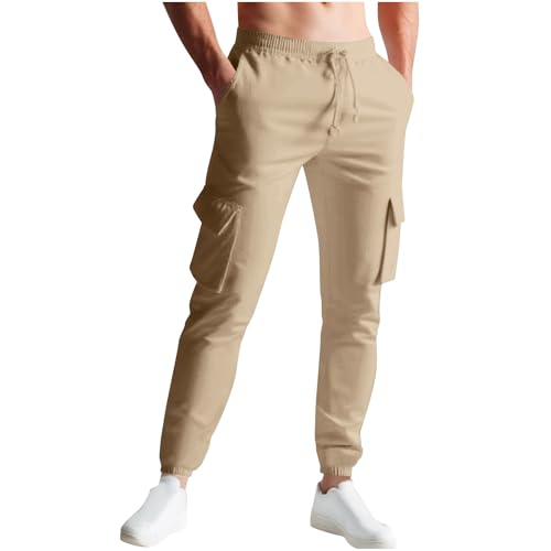 Cargo Pants for Men Casual Elastic Waist Solid Color Leggings Soft Comfy Fashion Lounge Drawstring Hiking Outfits